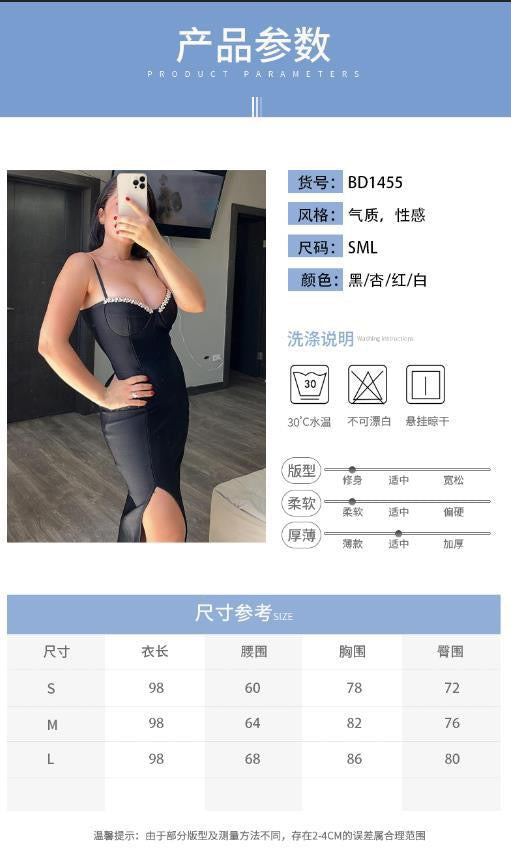 抹胸镶钻小吊带开叉短袖长裙性感拉链绷带礼服女